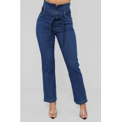 Lovely Trendy Lace-up Deep Blue Cotton Jeans
