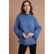 Lovely Casual Tassel Design Blue Sweaters