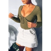 Lovely Casual Lace-up Army Green Bodysuit
