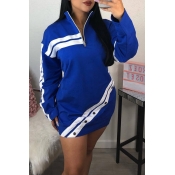 Lovely Casual Patchwork Blue Twilled Satin Mini Dr