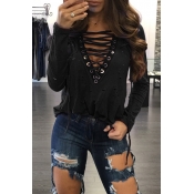 Lovely Casual Lace-up Black Cotton Blouses