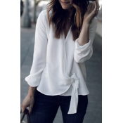 Lovely Casual Knot Design White Chiffon Blouses