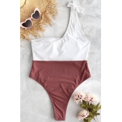 Lovely Casual Patchwork Cameo Brown One-piece Swim