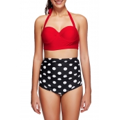 Lovely Casual Dots Printed Red Two-piece Swimwears