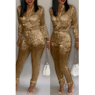 

LW Sweet Zipper Design Gold One-piece Jumpsuit