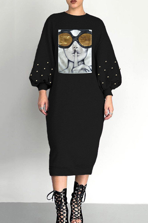 

Lovely Trendy Printed Black Mid Calf Dress