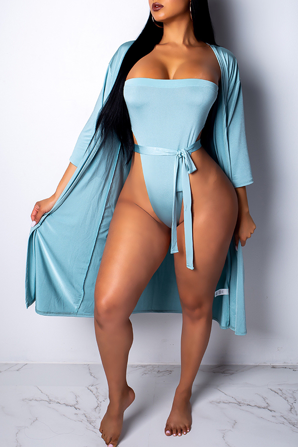 

Lovely Sexy Dew Shoulder Baby Blue One-piece Swimwear(With Cover-up