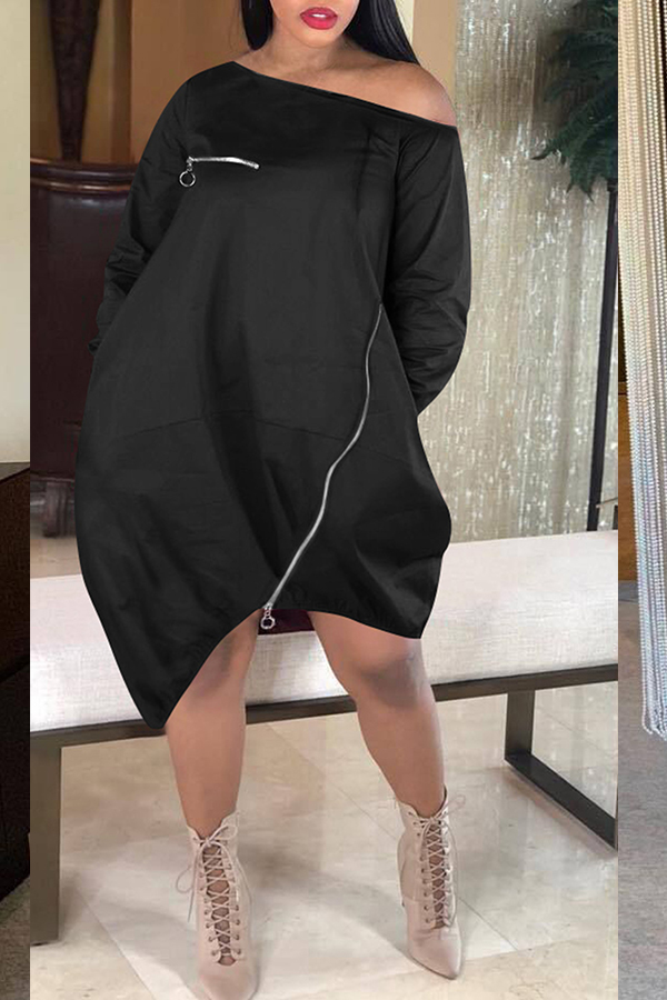 

Lovely Casual Loose Black Knee Length Dress