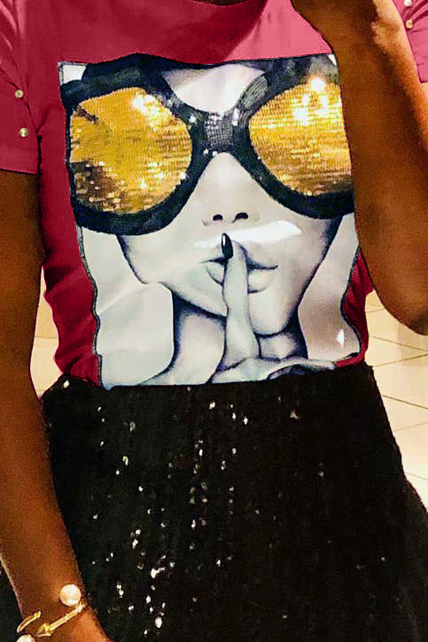 

Lovely Chic Sequined Decorative Wine Red Blending T-shirt
