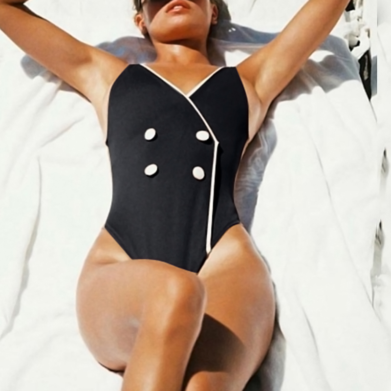 

Lovely Trendy Buttons Decorative Black One-piece Swimwears