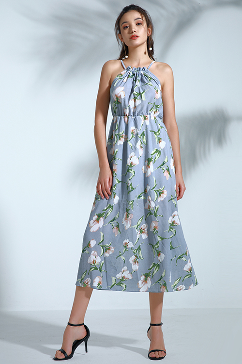 

Lovely Bohemian Printed Sky Blue Chiffon Mid Calf Dress, Skyblue