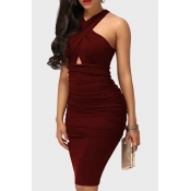 Lovely Elegant Ruffle Design Red Knee Length Dress