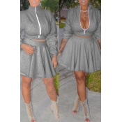 Lovely Trendy Ruffle Design Grey Two-piece Skirt S