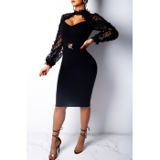 Lovely Trendy Patchwork Black Knee Length Dress(Wi