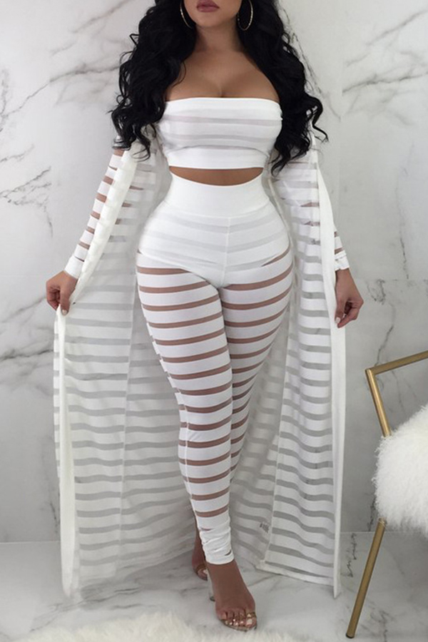 

Lovely Casual Striped White Two-piece Pants Set(With Coat