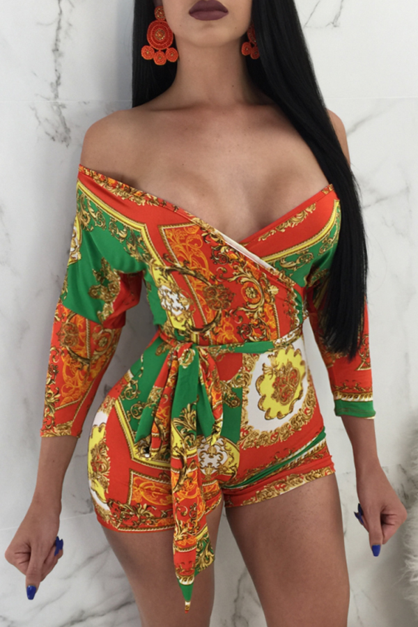 

Lovely Sexy Floral Printed Orange Red Blending One-piece Rompers