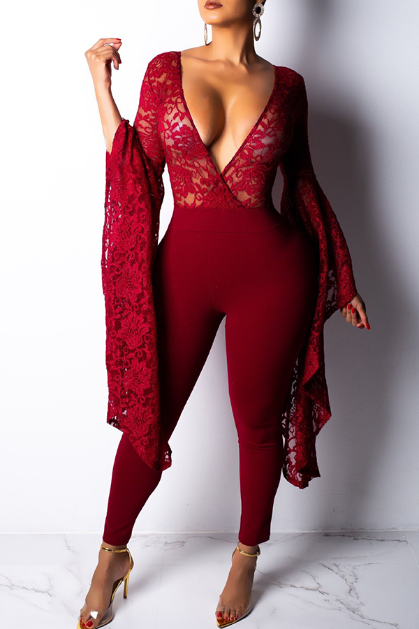 

Lovely Sexy Patchwork Skinny Wine Red One-piece Jumpsuit