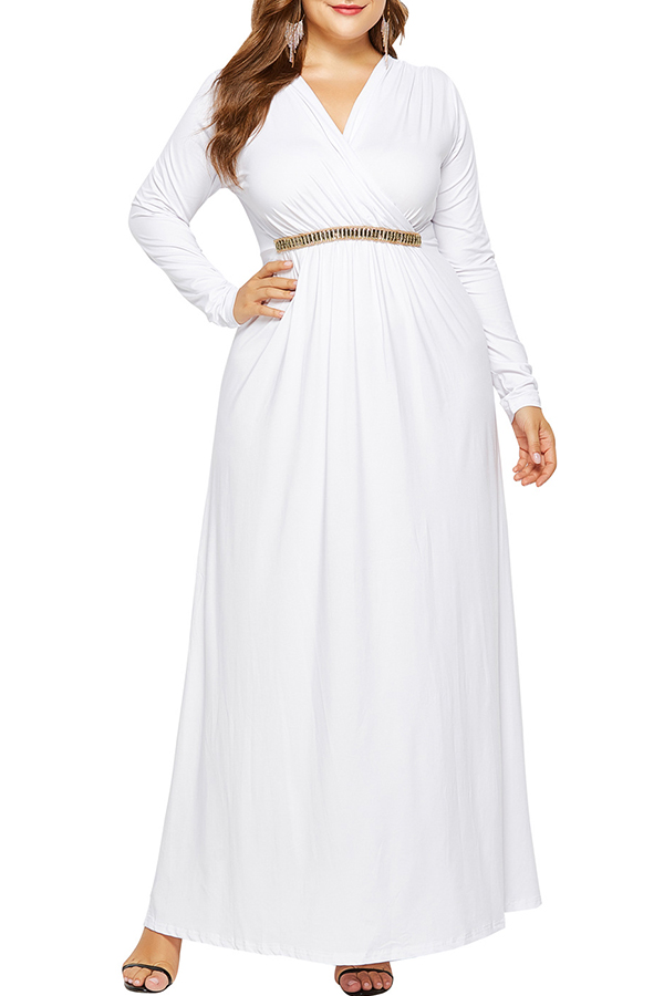 

Lovely Casual Long Sleeve Loose White Floor Length Dress