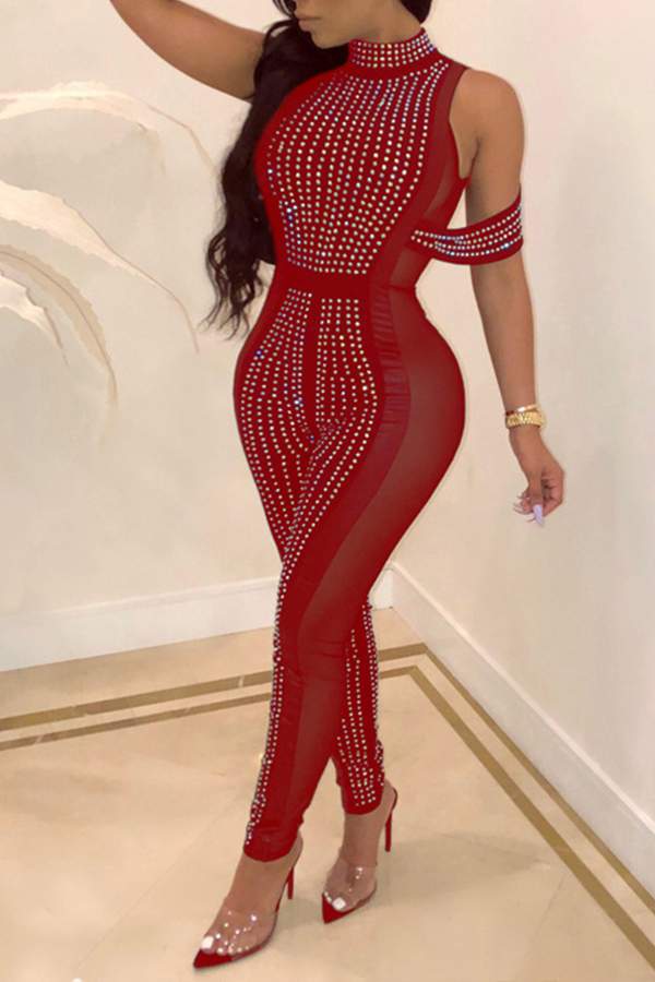 

Lovely Sexy See-through Skinny Red One-piece Jumpsuit