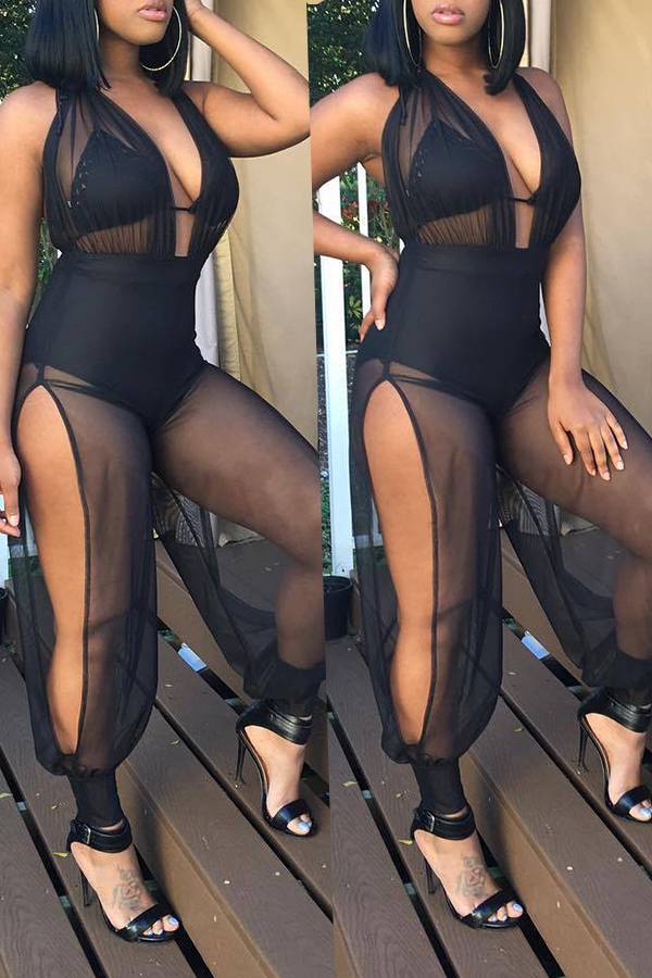 

Lovely Sexy Patchwork Black Gauze One-piece Jumpsuit (Without Bra)