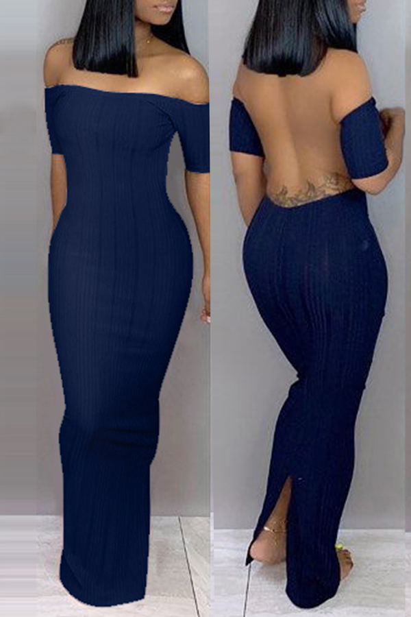 Lovely Trendy Backless Dark Blue Ankle Length Dress