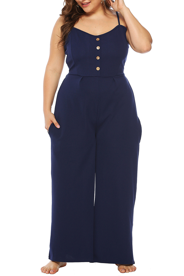 

Lovely Casual Buttons Dark Blue One-piece Jumpsuit