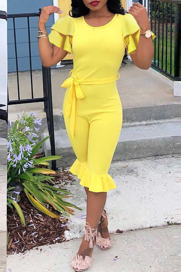 

Lovely Casual Flounce Design Yellow Blending One-piece Rompers