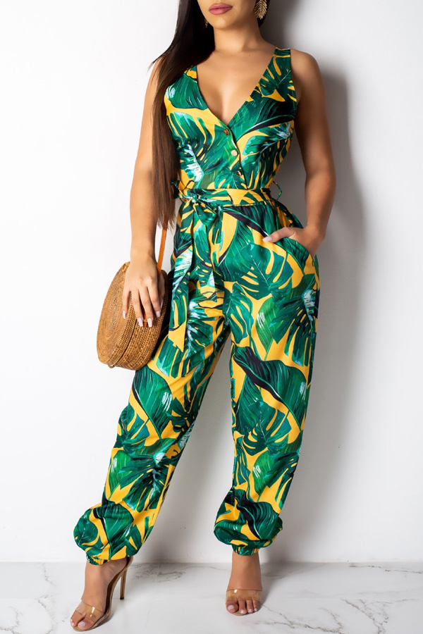 

Lovely Bohemian Floral Printed Green One-piece Jumpsuit
