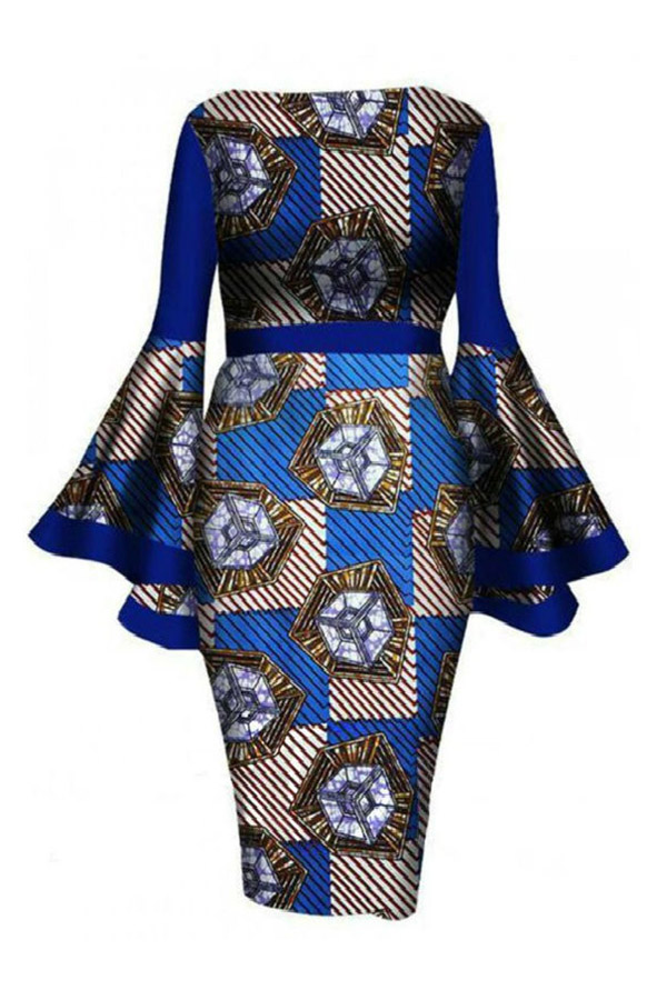 

Lovely Trendy Trumpet Sleeves Blue Knee Length Dress