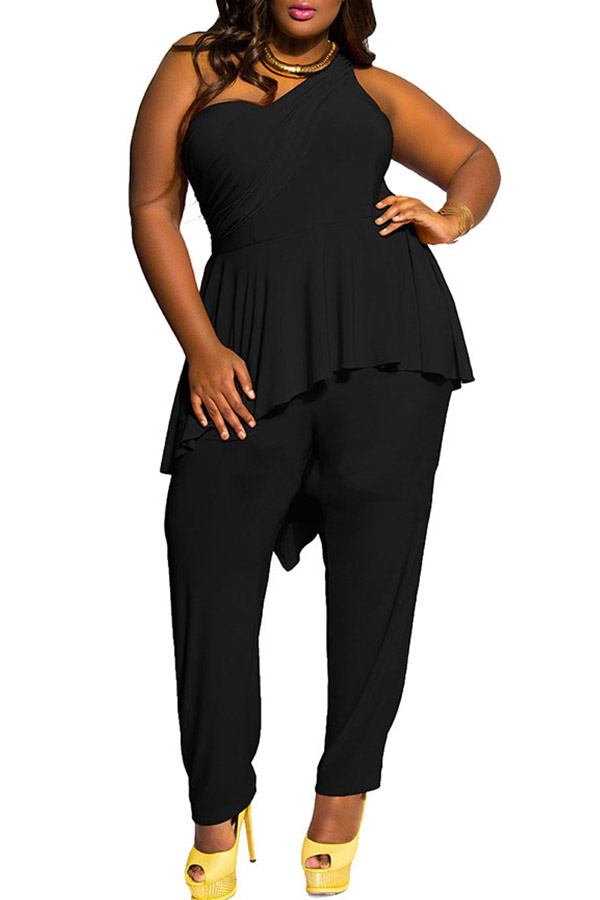 Lovely Work Ruffle Design Skinny Plus Size Black One-piece Jumpsuit ...