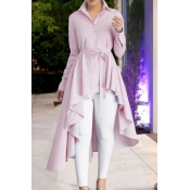 Lovely Casual Asymmetrical Lace-up Pink Blouses