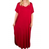 Lovely Casual Loose Red Cotton Ankle Length Dress