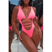 Lovely Sexy Hollowed-out Lace-up Pink One-piece Sw