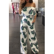 Lovely Casual Dew Shoulder Printed White One-piece