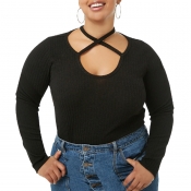 Lovely Casual Hollowed-out Black T-shirt