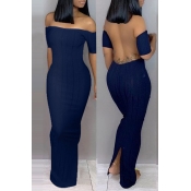 Lovely Trendy Backless Dark Blue Ankle Length Dres