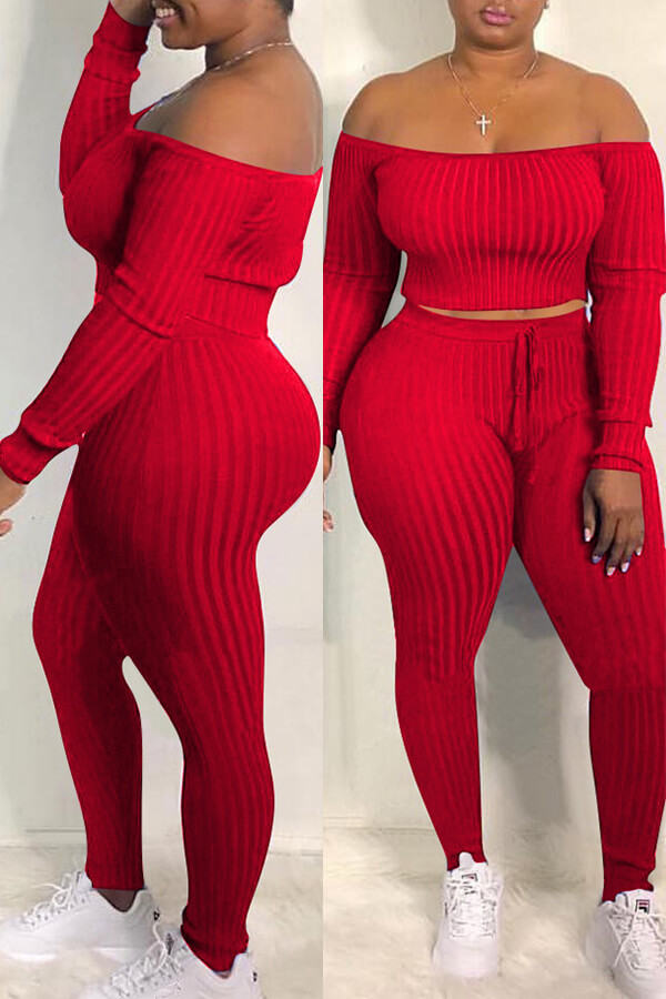 Two Pieces Lovely Casual Dew Shoulder Red Blending Two-piece Pants Set