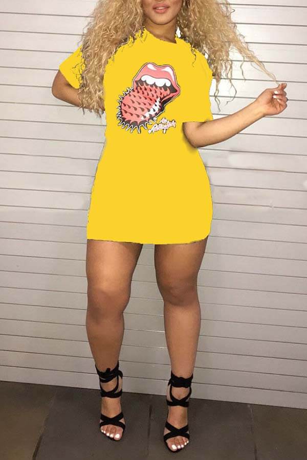 

Lovely Casual Lip Printed Yellow Twilled Satin Mini Dress