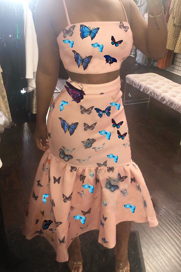 

Lovely Sweet Butterfly Printed Light Pink Two-piece Skirt Set