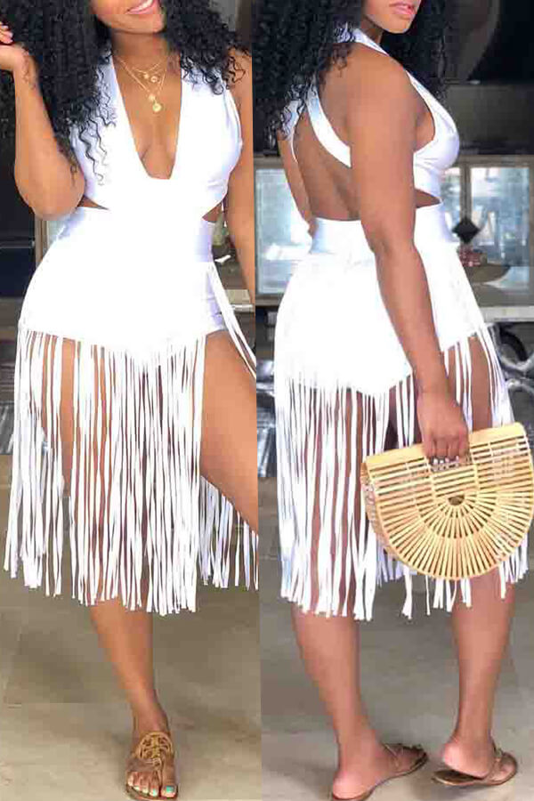 

Lovely Sexy Tassel Design White Blending One-piece Romper