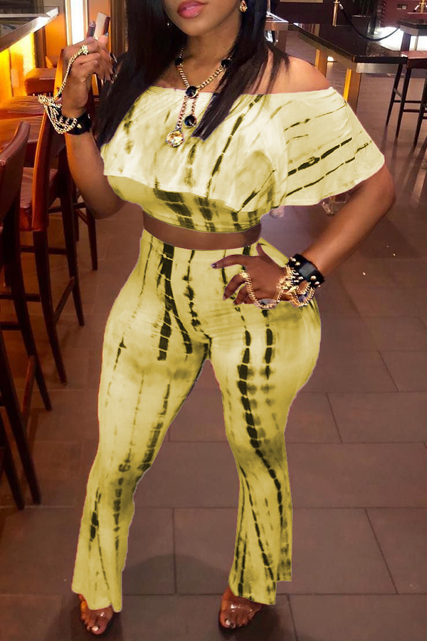 Lovely Sweet Dew Shoulder Yellow Two-piece Pants Set
