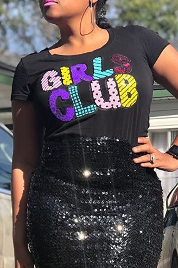 

Lovely Casual Sequined Black Twilled Satin T-shirt