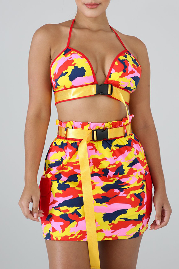 

Lovely Sweet Camouflage Printed Red Two-piece Skirt Set(With Belt)