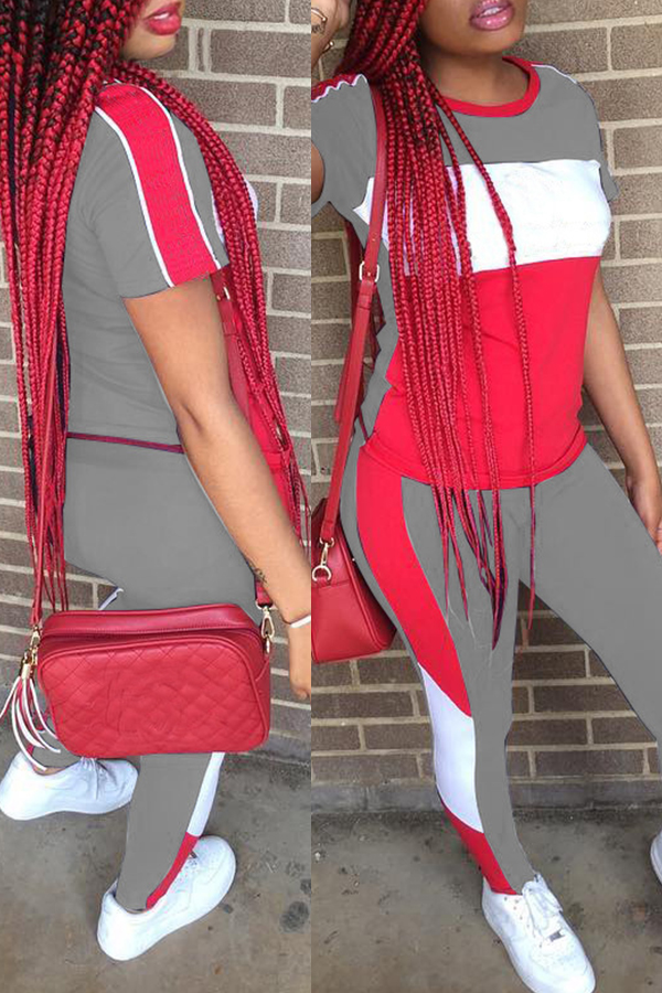 

Lovely Casual Patchwork Grey Blending Two-piece Pants Set