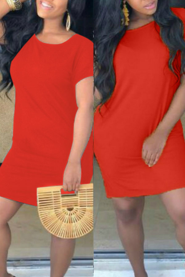

Lovely Casual O Neck Loose Red Mini T-shirt Dress