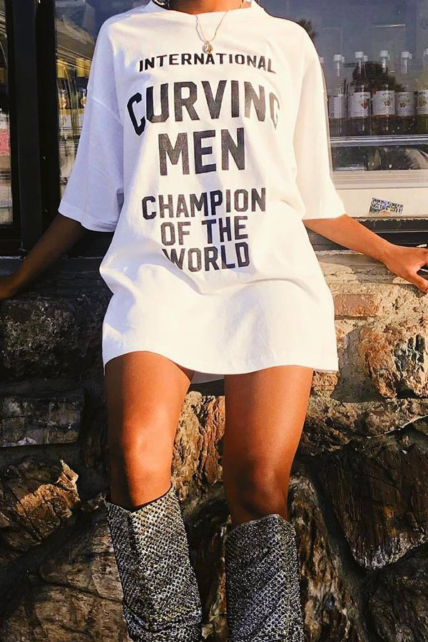 

Lovely Casual Letters Printed White Cotton Mini Dress