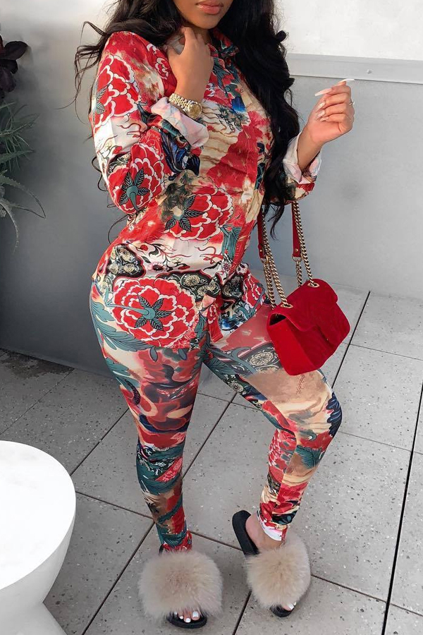 

Lovely Casual Floral Printed Multicolor Two-piece Pants Set