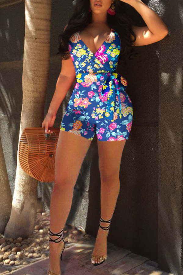 

Lovely Bohemian Floral Printed Blue One-piece Romper