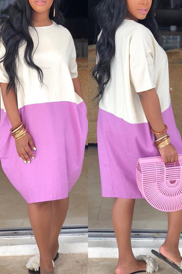 

Lovely Casual Patchwork Loose Pink Knee Length Dress