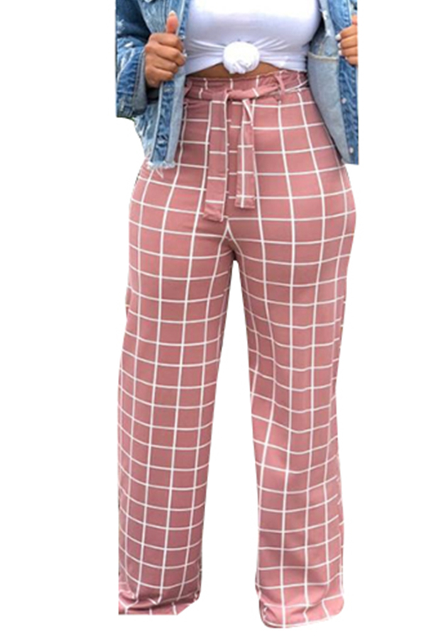 

Lovely Pink High Waist Plaid Pants(With Elastic)